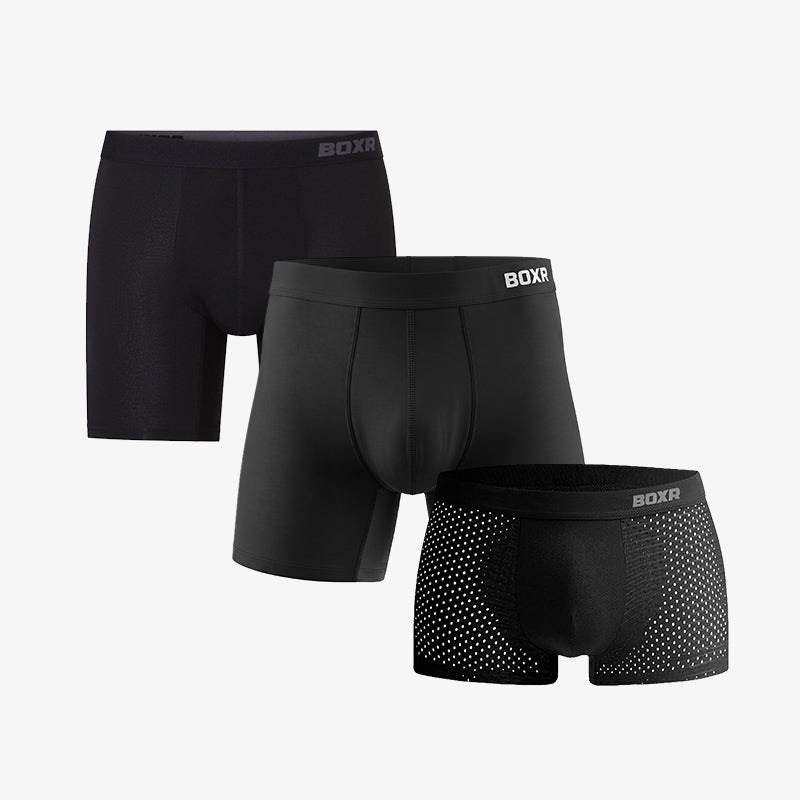 BOXR Discovery 3-Pack with the Original, Active and Pro bamboo boxer shorts in black